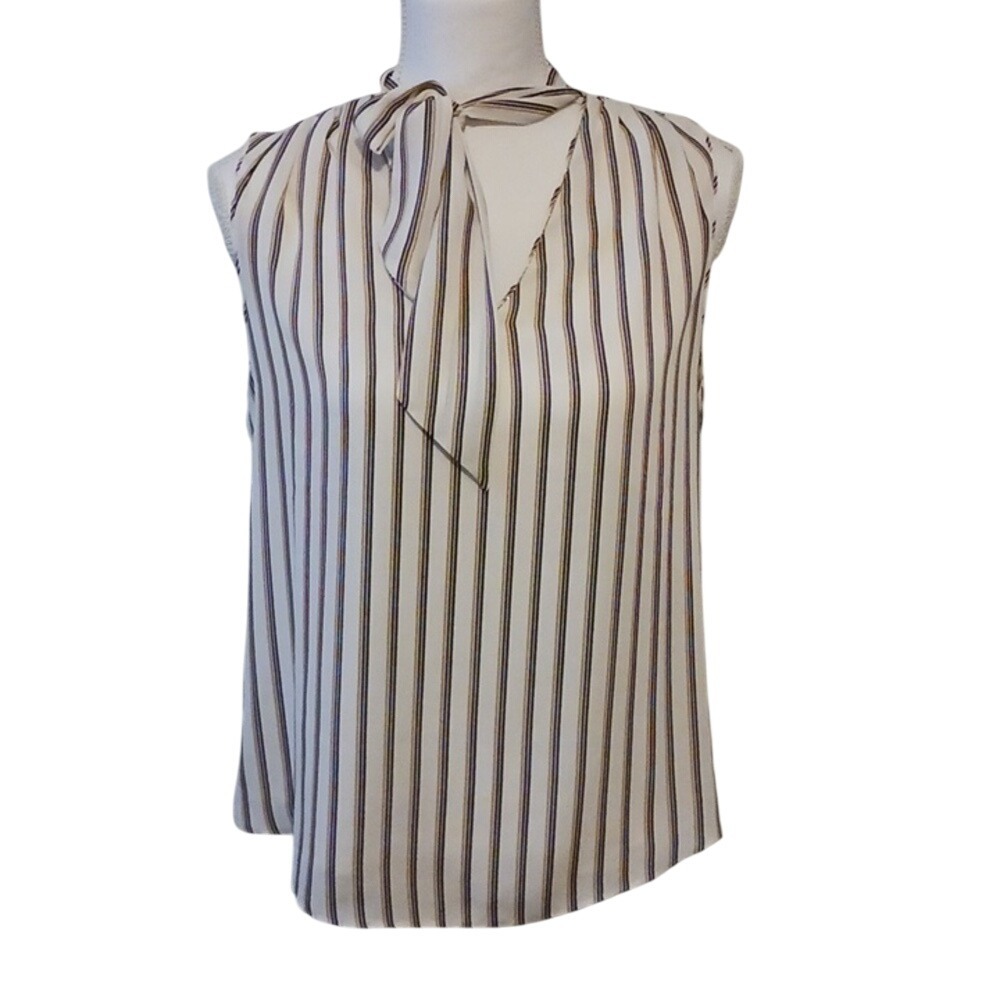 WHBM Striped Sleeveless Blouse with Tie Neck Detail Size 6P Casual Elegant Top‎